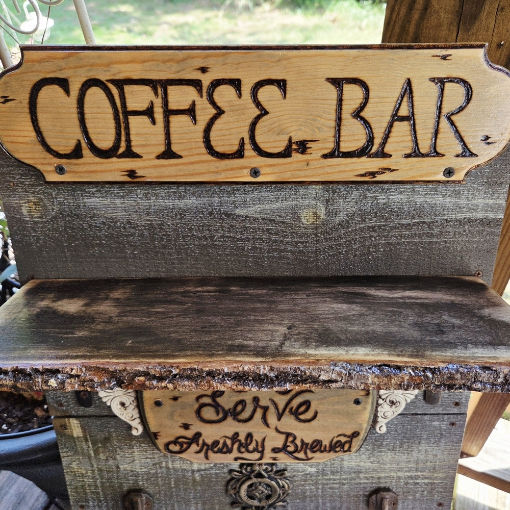 Handmade Rustic Coffee Bar Wall Decor With Hooks Along Bottom & Live Edge Shelf! - Picture 4 of 16